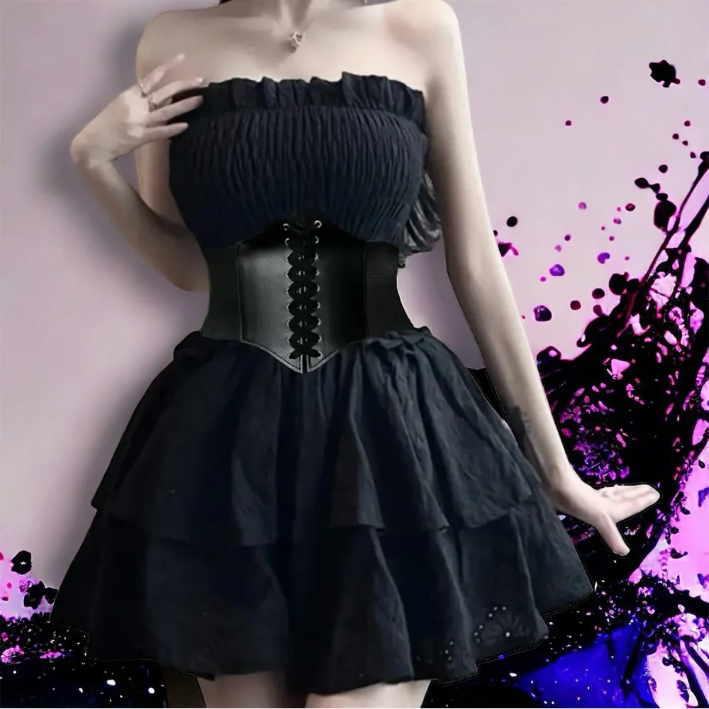 Vintage Style Lace Up Faux Leather Elastic Girdle Black Casual Wide‎ Waistband